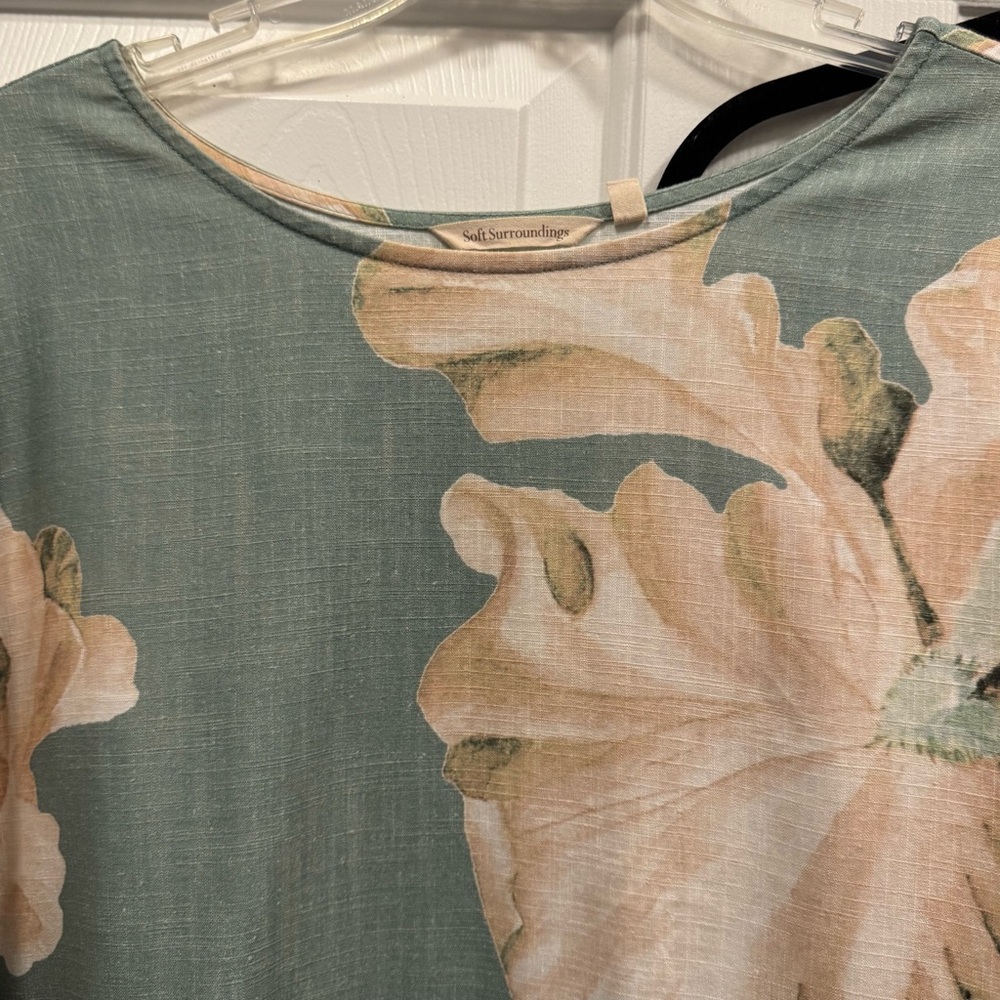 Women’s Top & Pants Set Linen Green Beige Floral - Picture 2 of 10
